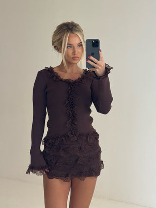 MADISON Knitted Frill Lace Jumper & Frill Skirt In Chocolate