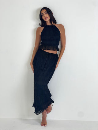 ARABELLA Open Back Ruffle Halterneck Top & Maxi Skirt Co-Ord In Black