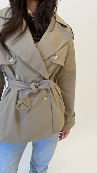 SELENE Long Sleeved Button Detail Trench Jacket In Stone