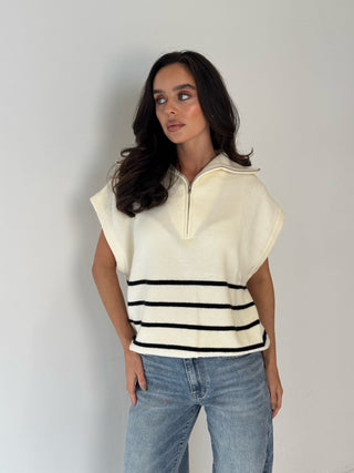 CASSIE Sleeveless Zip Up Knitted Striped Gilet In Cream