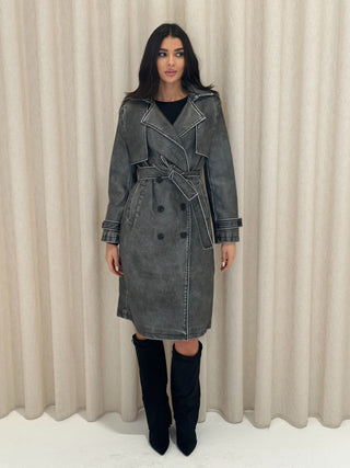 MICAH Leather Look Trench Coat in Slate Grey