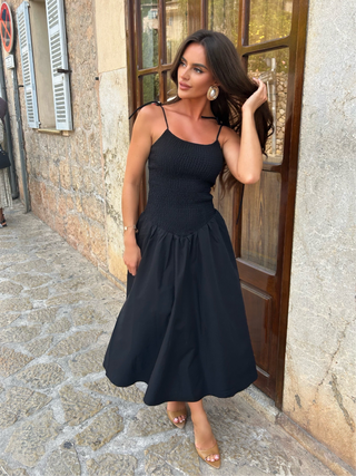 MINA Tie Up Stretch Bodice Cotton Maxi Dress In Black