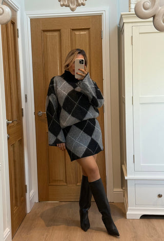GRACE High Neck Knitted Argyle Jumper & Mini Skirt Co-Ord In Black