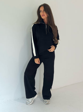 MARLIE Knitted Zip Up Jumper & Wide Leg Trouser Loungewear In Black