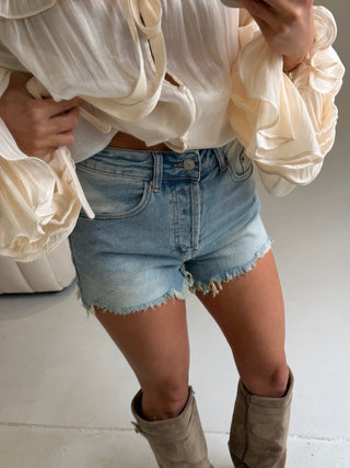 ELLA High Waisted Denim Mini Shorts In Light Blue