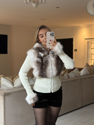 AVERY Soft Knitted Zip Up Faux Fur Jumper In Christmas White