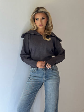 LULA Knitted Zip Up Long Sleeved Jumper In Grey