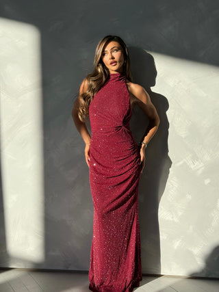 LUCIENNE Diamanté Halterneck Backless Maxi Dress In Burgundy