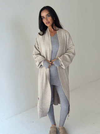 WILLOW Longline Pocket Open Cardigan In Beige