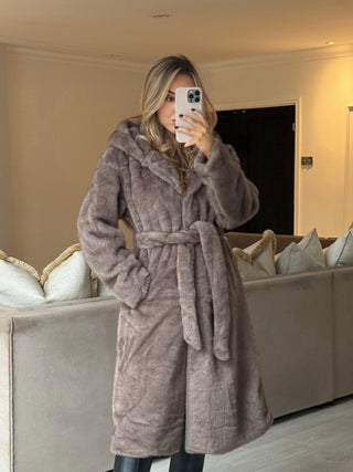 WILLOW Long Sleeved Faux Fur Hooded Long Belted Coat In Mink