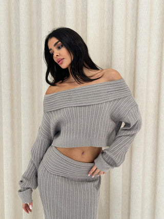 MARLIE Bardot Fold Over Detail Knit Set in Pebble