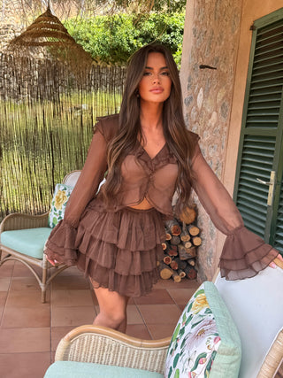 AMAYA Chiffon Long Sleeved Ruffle Top & Skirt Co-Ord In Coco