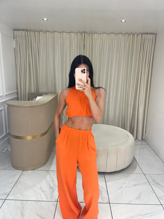MARA Cheesecloth Halterneck Tie Top & Wide Leg Trouser Set In Orange
