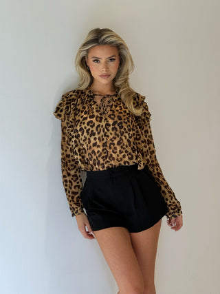 MORGAN Long Sleeved Chiffon Frill Tie Blouse In Leopard Print