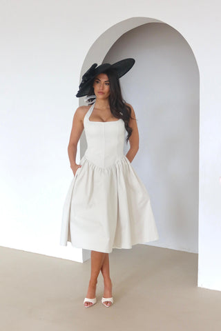 BLYTHE Halterneck Structured Midi Dress In Ivory