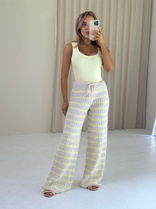 CERYS High Waisted Crochet Knitted Striped Trousers In Lemon