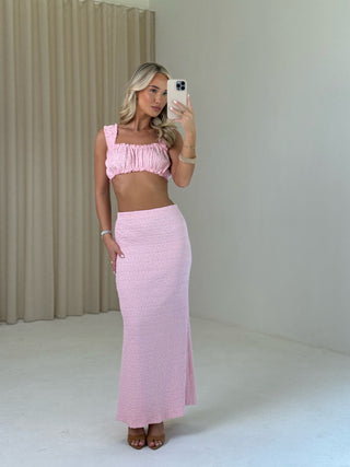 FRANCESCA Textured Milk Maid Top & Maxi Skirt Co-Ord In Baby Pink