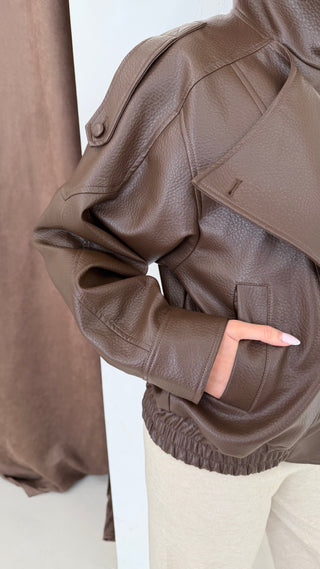 IMANI Oversized PU Leather Funnel Neck Jacket In Cocoa