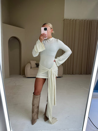 EDEN Long Sleeved Drape Mini Dress In Vanilla