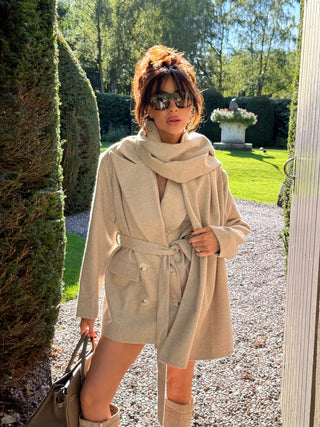 PRE ORDER SHIPS 29.10 Caramella ODETTE Micro Herringbone Tweed Long Sleeved Tailored Jacket & Scarf In Biscuit