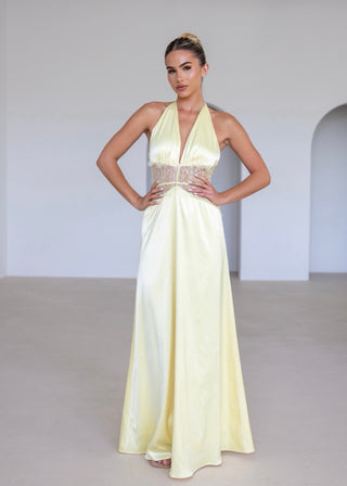 Caramella LORENA Lace Detail Satin Backless Maxi Dress In Lemon