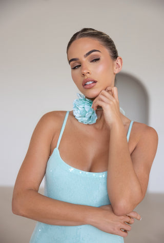 Caramella LARISSA Strappy Sequin Maxi Dress & Corsage Neck Tie In Celeste Blue