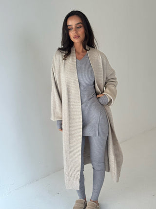 WILLOW Longline Pocket Open Cardigan In Beige