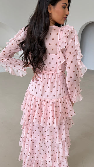 OPHELIA Chiffon Ruffle Maxi Dress In Blush Polka Dot
