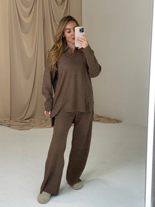 FAWN Knitted Long Sleeve Collared Jumper & Wide Leg Trouser Set In Truffle