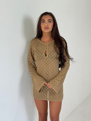 SIENNA Long Sleeved Crochet Beach Mini Dress In Camel