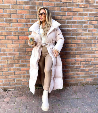 ALPINE Long Padded Tie Waist Duvet Coat In Cream