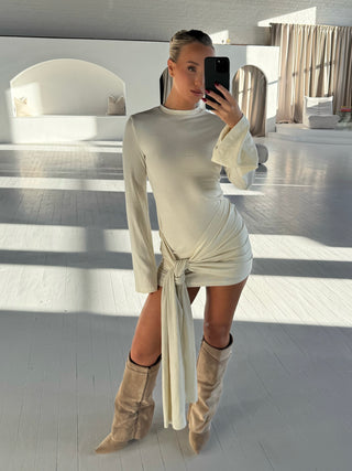 EDEN Long Sleeved Drape Mini Dress In Vanilla