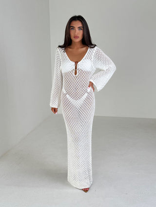 SOLSTICE Long Sleeved Crochet Beach Maxi Dress In White