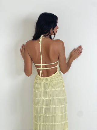CAPRICE Chiffon Halterneck Tie Back Ruffle Maxi Dress In Lemon