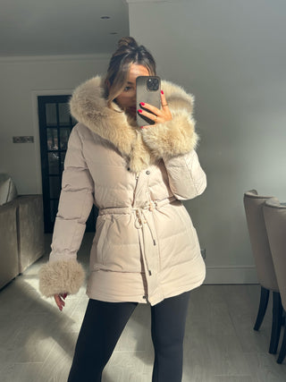 LET IT SNOW Faux Fur Hooded Midi Padded Coat In Vanilla