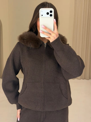 TEDDY Faux Fur Hooded Zip Up Top & Wide Leg Lounge Set In Chocolate