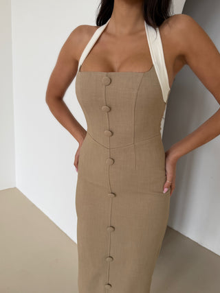 CLEMENTINE Contrast Detail Button Midi Dress in Stone