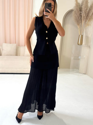 MARGOT Knit Button Waistcoat & Sheer Maxi Skirt Co-Ord In Black