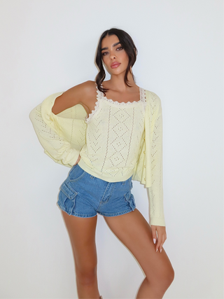 CALLIE Pointelle Knit Long Sleeved Cardigan & Vest Top In Lemon
