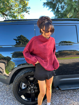 HUNTER Oversized Knitted High Neck Jumper In Burgundy