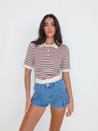 MINA Knit Striped Collared Button Short Sleeve Sweater Top In Multi