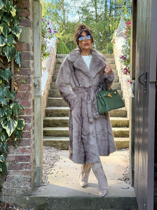 FALLON Longline Faux Fur Coat with Belt in Mink