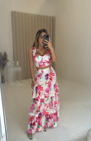 PRE ORDER SHIPS 24/05 GIGI Ruffle Skirt Floral Print Co-ord in Pink in