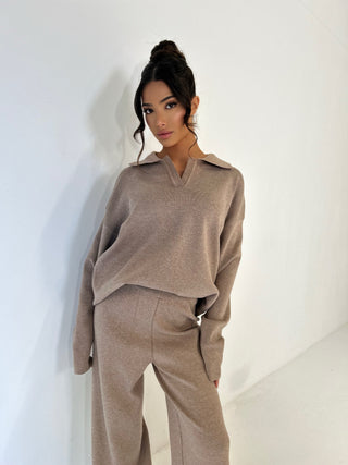 FAWN Knitted Long Sleeved V Collar Jumper & Flared Trouser Lounge Set In Fudge