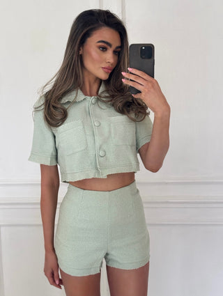 DARBY Tweed Short Sleeved Button Up Top & Mini Short Co-Ord In Pistachio