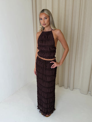 CAPRI Chiffon Frill Detail Maxi Skirt Co-Ord in Cocoa Brown