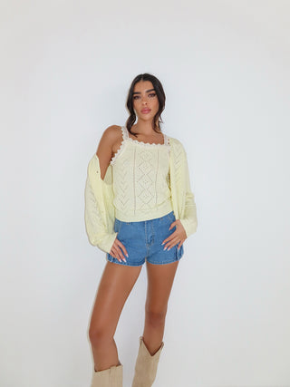 CALLIE Pointelle Knit Long Sleeved Cardigan & Vest Top In Lemon