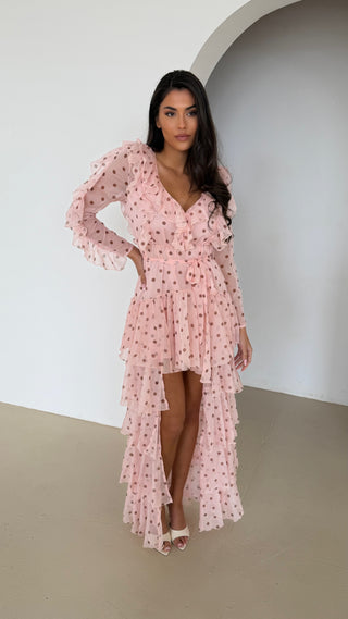 OPHELIA Chiffon Ruffle Maxi Dress In Blush Polka Dot