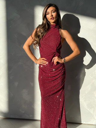 LUCIENNE Diamanté Halterneck Backless Maxi Dress In Burgundy