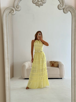 BELLA Cheesecloth Open Back Ruffle Halterneck Top & Maxi Skirt Co-Ord In Limoncello